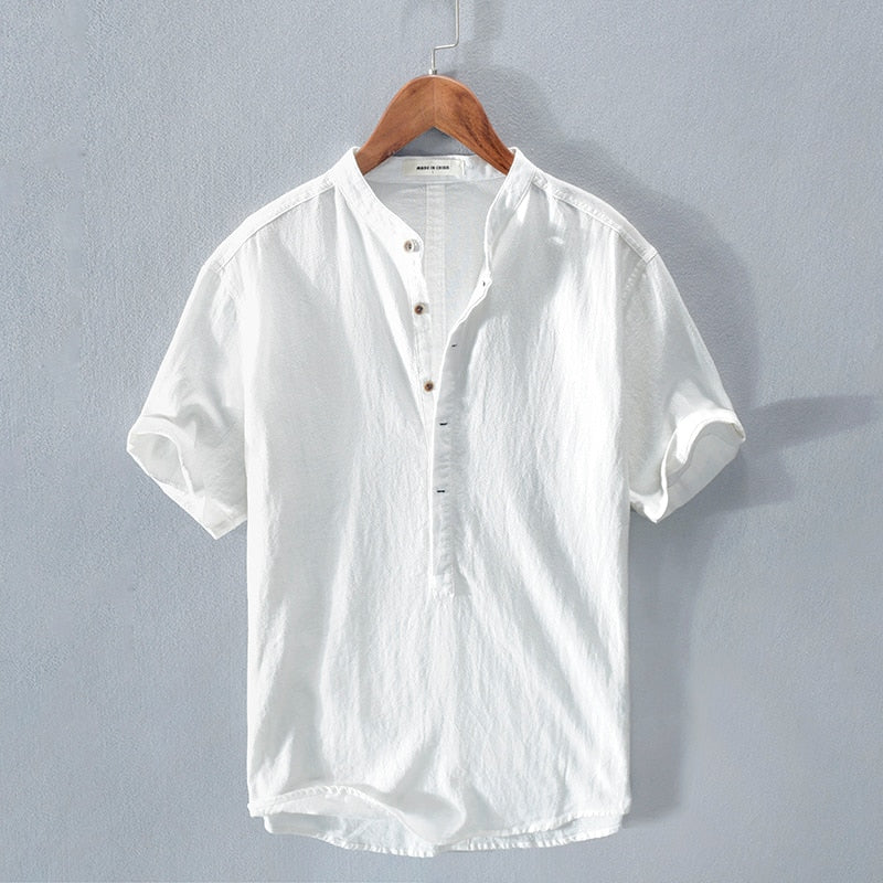 New summer cotton and linen stand-up collar short-sleeved shirt for men