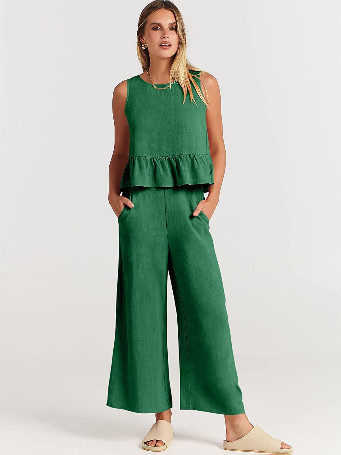 Summer New Women's Sleeveless Pleated Vest Wide-Leg Cropped Pants Casual Suit
