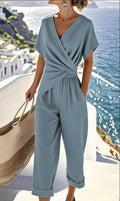 Women's Wrap-Front V-Neck Jumpsuit - Dolman Sleeve Wide-Leg Casual Outfit