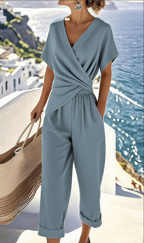 Women's Wrap-Front V-Neck Jumpsuit - Dolman Sleeve Wide-Leg Casual Outfit
