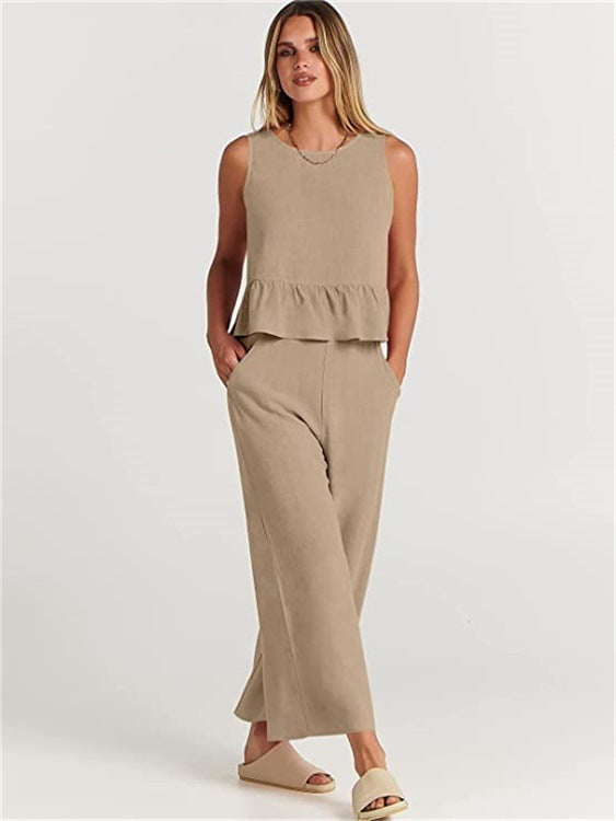 Summer New Women's Sleeveless Pleated Vest Wide-Leg Cropped Pants Casual Suit
