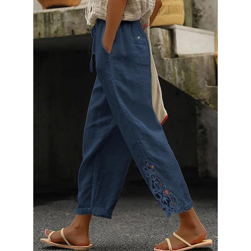 Stylish lace-trimmed high-waisted cropped trousers