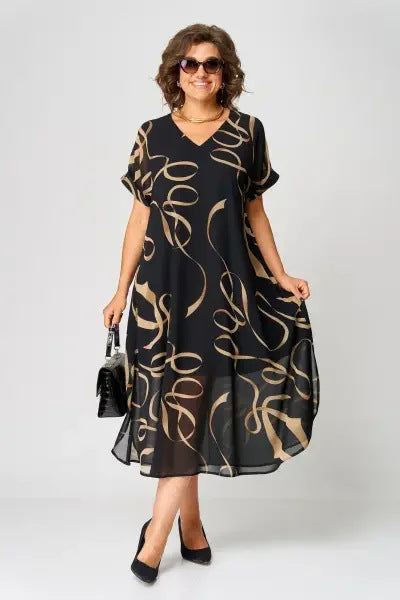 Women's Abstract Print Chiffon Midi Dress - V-Neck Flowy Ruffled Hem Dress