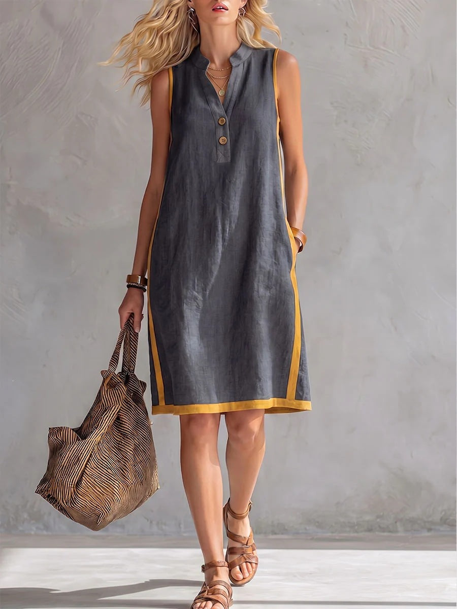 Women's V-neck sleeveless loose cotton linen dress
