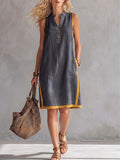 Women's V-neck sleeveless loose cotton linen dress