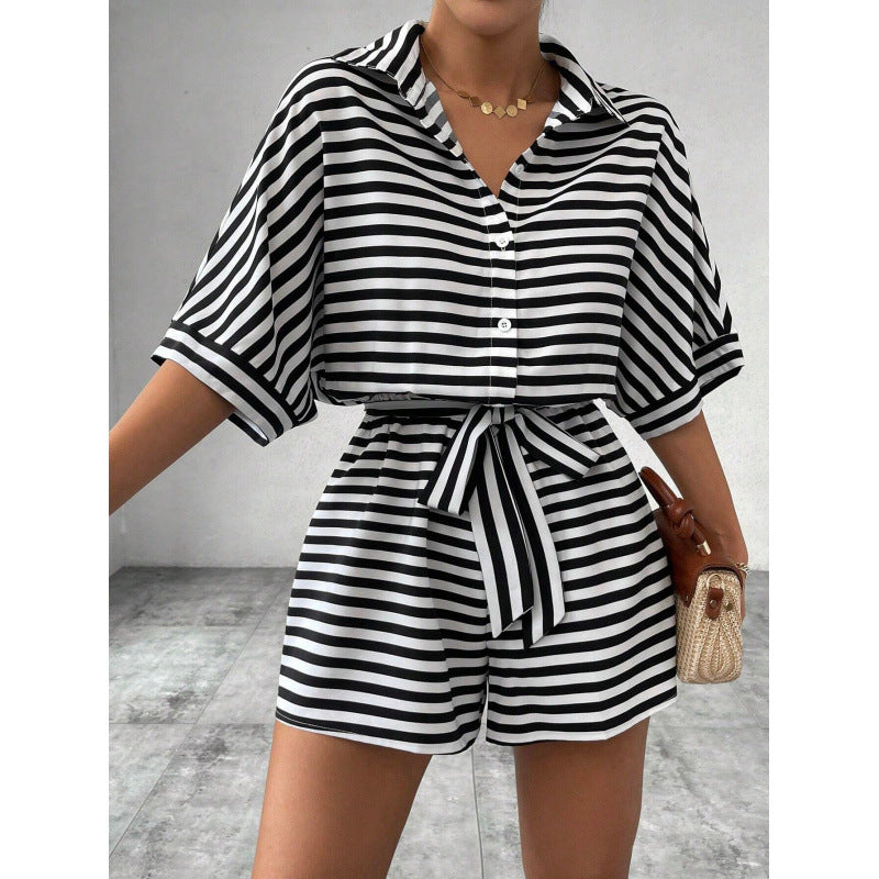 Women's Striped Button-Down Shirt & Shorts Jumpsuit