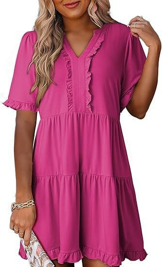 V-neck short-sleeved casual A-line dress with ruffled trim
