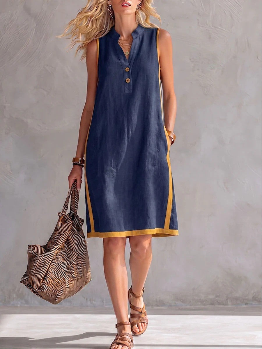 Women's V-neck sleeveless loose cotton linen dress