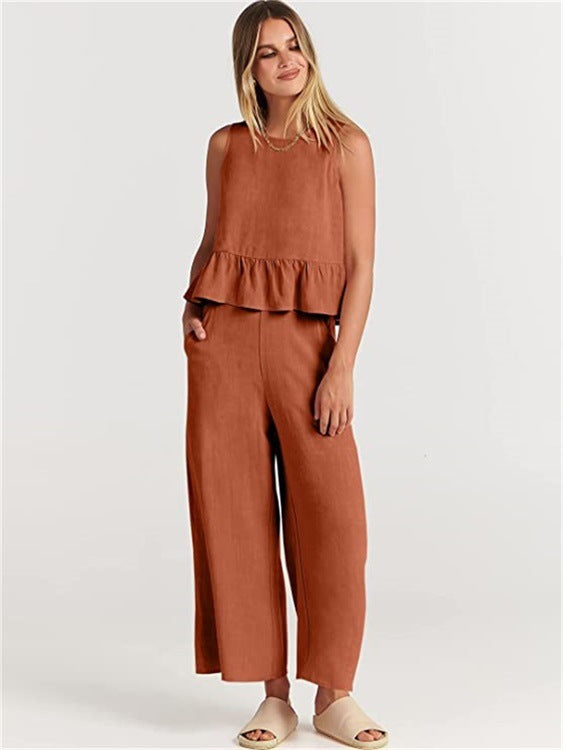 Summer New Women's Sleeveless Pleated Vest Wide-Leg Cropped Pants Casual Suit