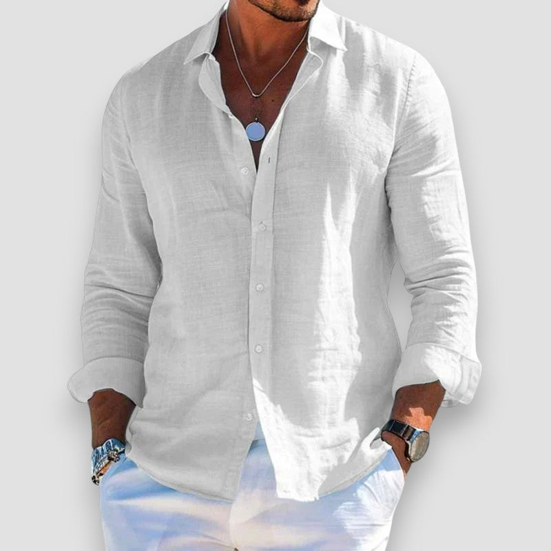 Men's Linen-Blend Button-Down Shirt - Casual Long Sleeve Top