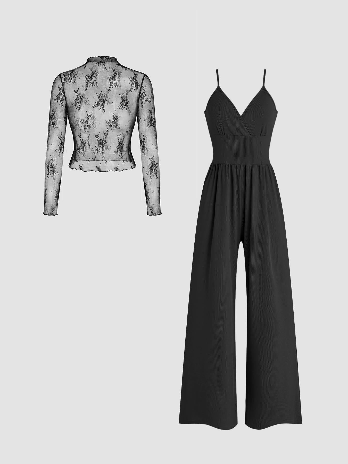 Lace long-sleeved slim V-neck jumpsuit