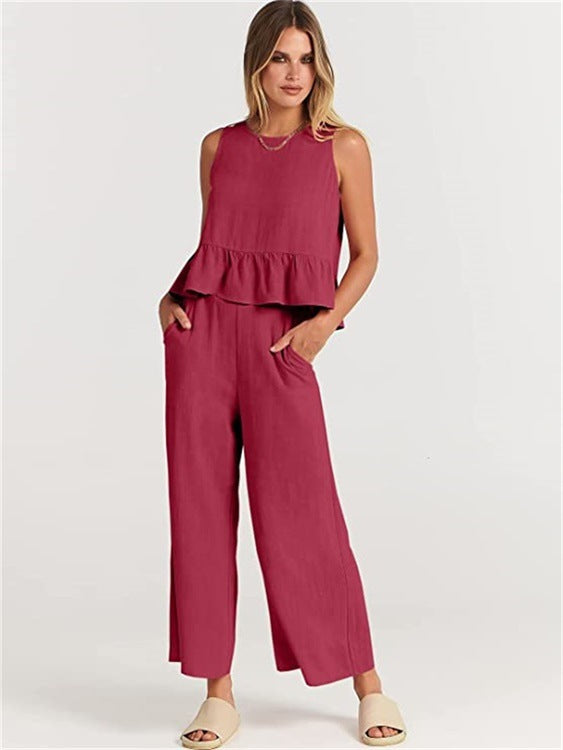 Summer New Women's Sleeveless Pleated Vest Wide-Leg Cropped Pants Casual Suit