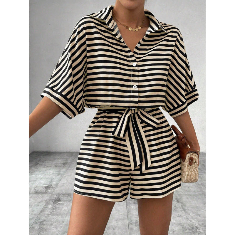 Women's Striped Button-Down Shirt & Shorts Jumpsuit