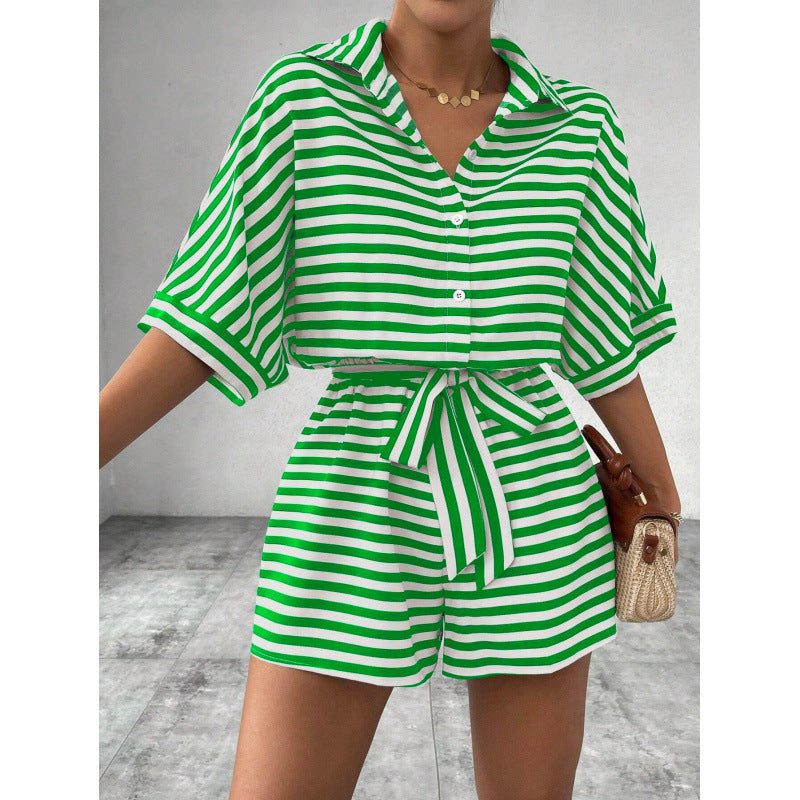 Women's Striped Button-Down Shirt & Shorts Jumpsuit