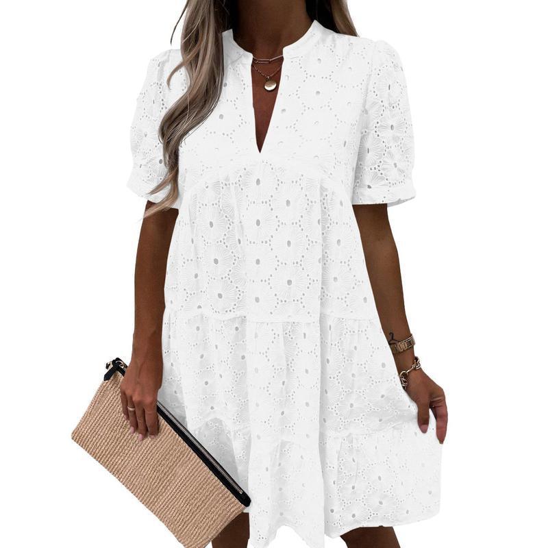 Hollowed-out lace solid color V-neck A-line dress