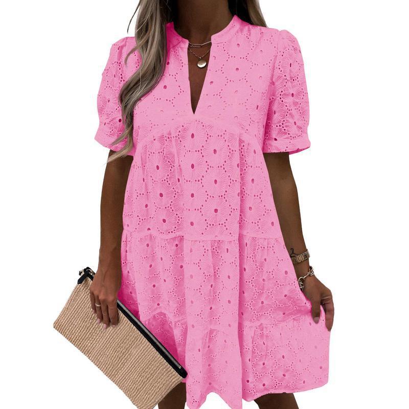 Hollowed-out lace solid color V-neck A-line dress