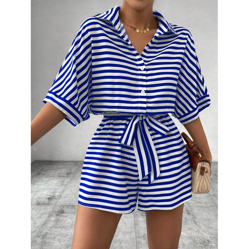 Women's Striped Button-Down Shirt & Shorts Jumpsuit