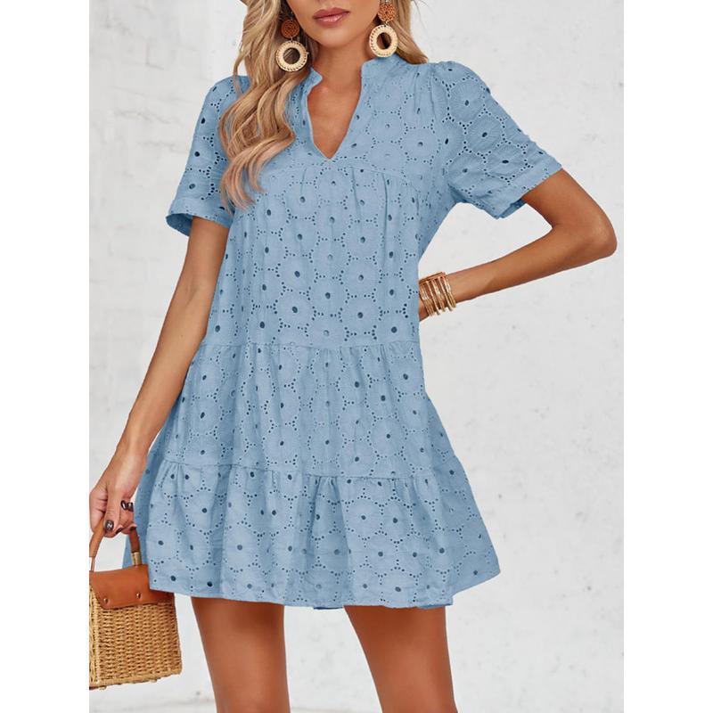Hollowed-out lace solid color V-neck A-line dress