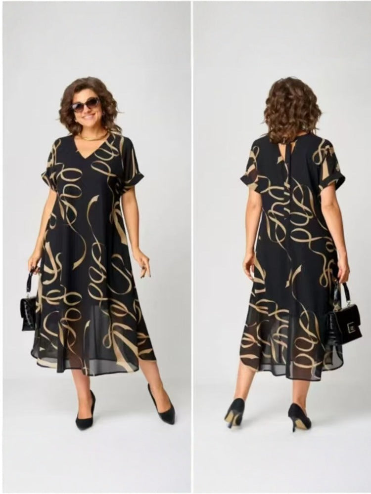 Women's Abstract Print Chiffon Midi Dress - V-Neck Flowy Ruffled Hem Dress