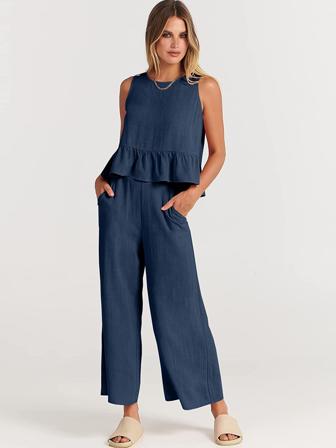 Summer New Women's Sleeveless Pleated Vest Wide-Leg Cropped Pants Casual Suit
