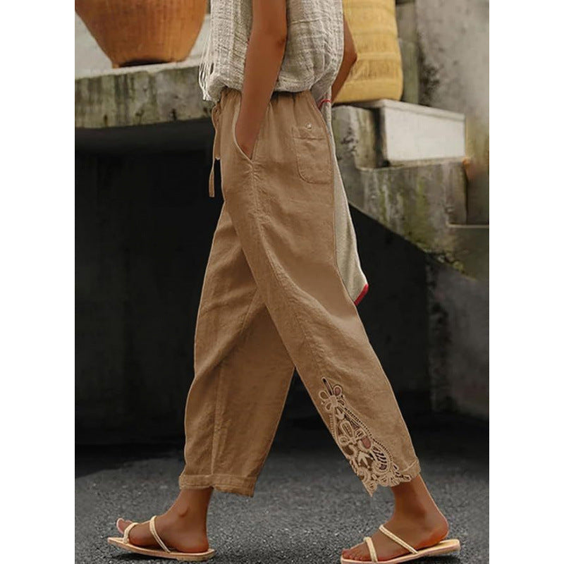 Stylish lace-trimmed high-waisted cropped trousers