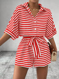 Women's Striped Button-Down Shirt & Shorts Jumpsuit