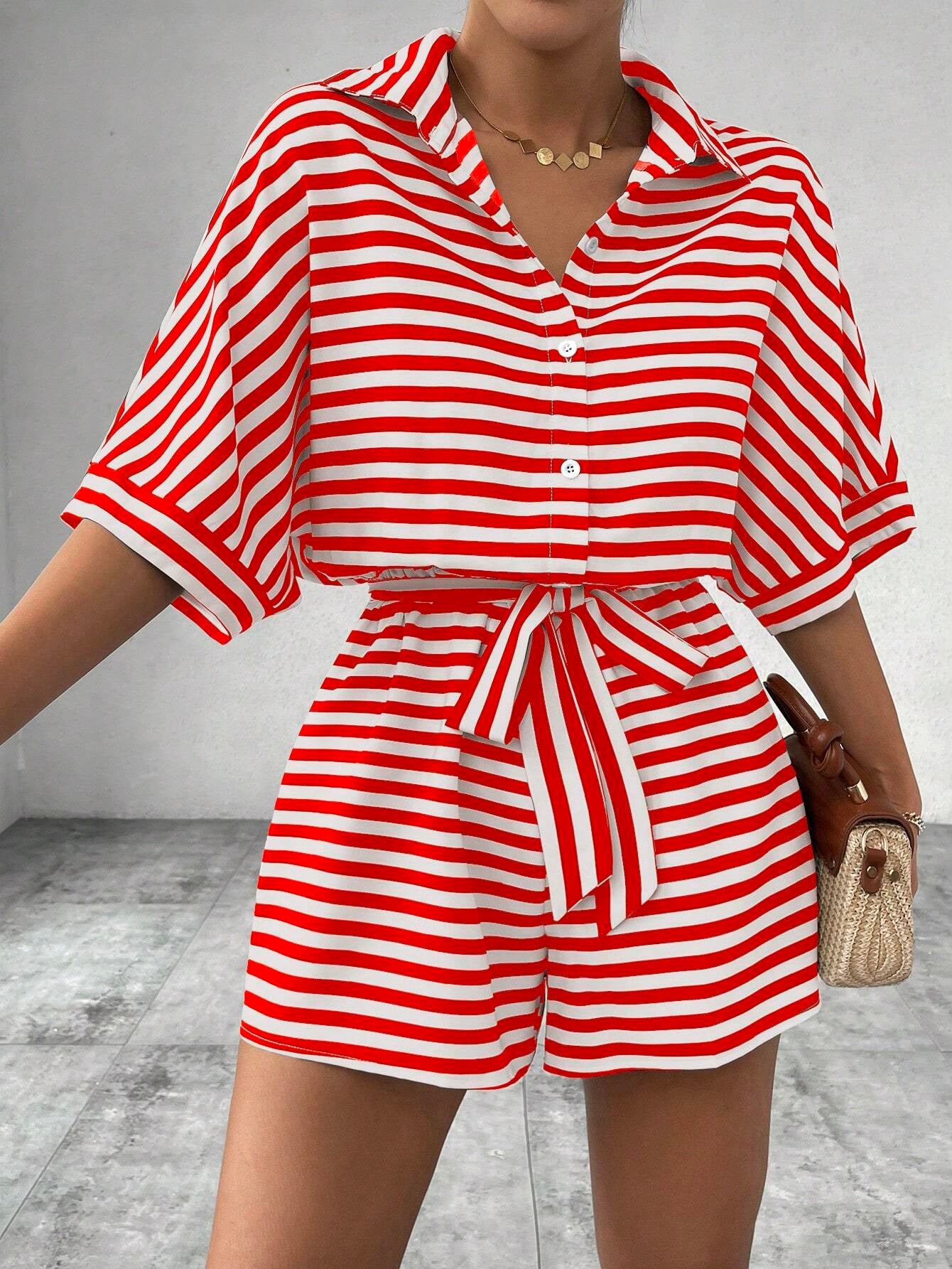 Women's Striped Button-Down Shirt & Shorts Jumpsuit