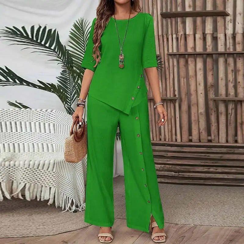 Women's cotton and linen irregular hem trouser suit