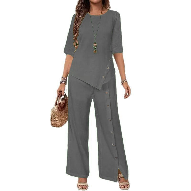 Women's cotton and linen irregular hem trouser suit