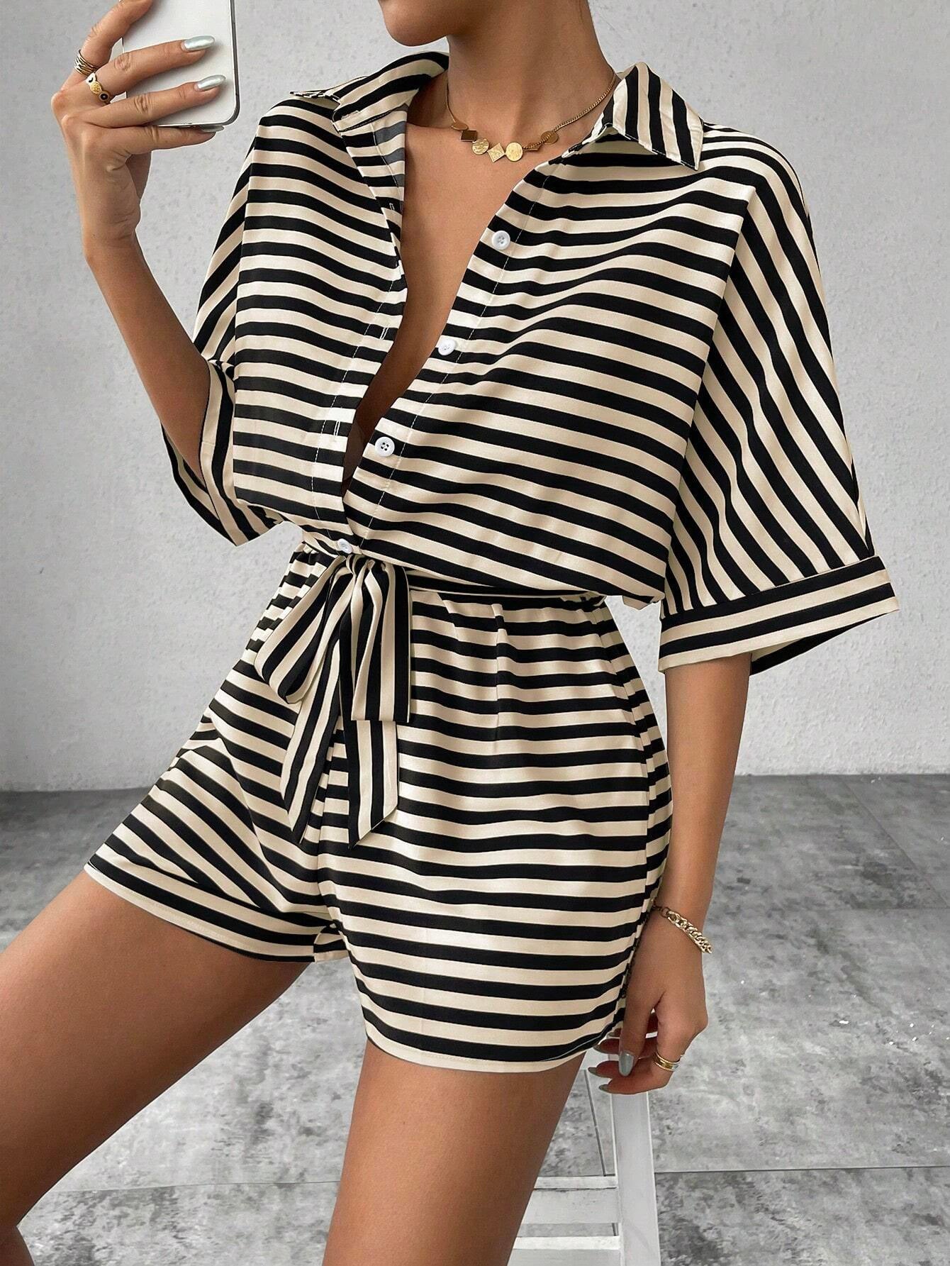 Women's Striped Button-Down Shirt & Shorts Jumpsuit