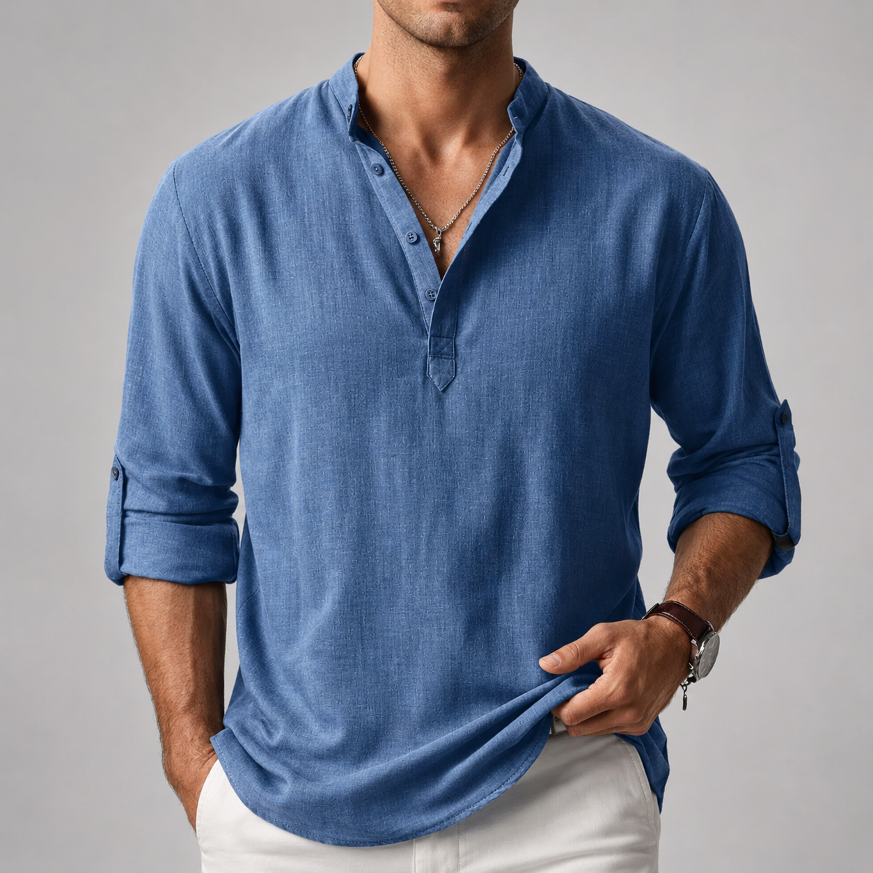 Men’s Stand Collar Half Button Linen Blend Long Sleeve Henley Shirt