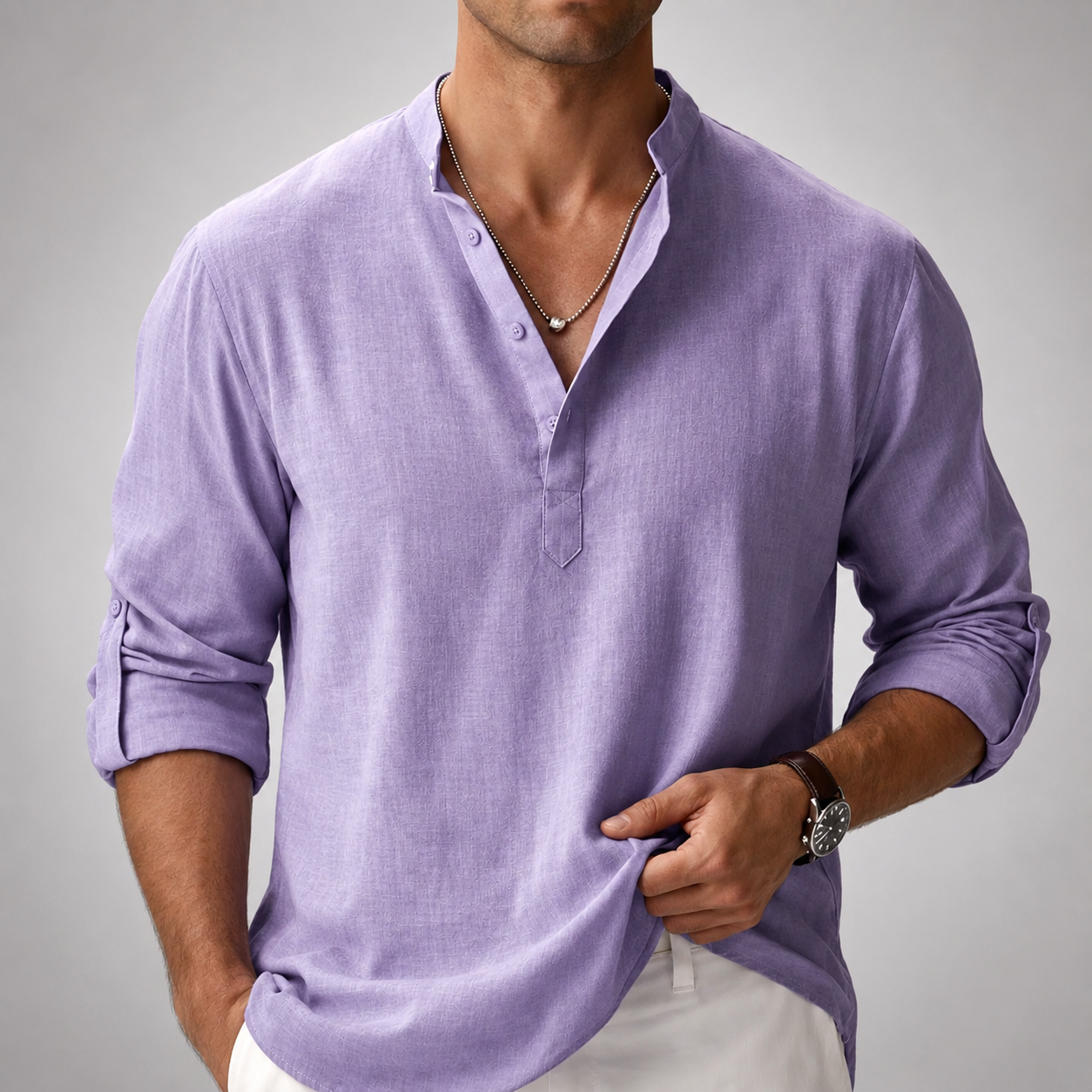Men’s Stand Collar Half Button Linen Blend Long Sleeve Henley Shirt