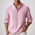 Men’s Stand Collar Half Button Linen Blend Long Sleeve Henley Shirt