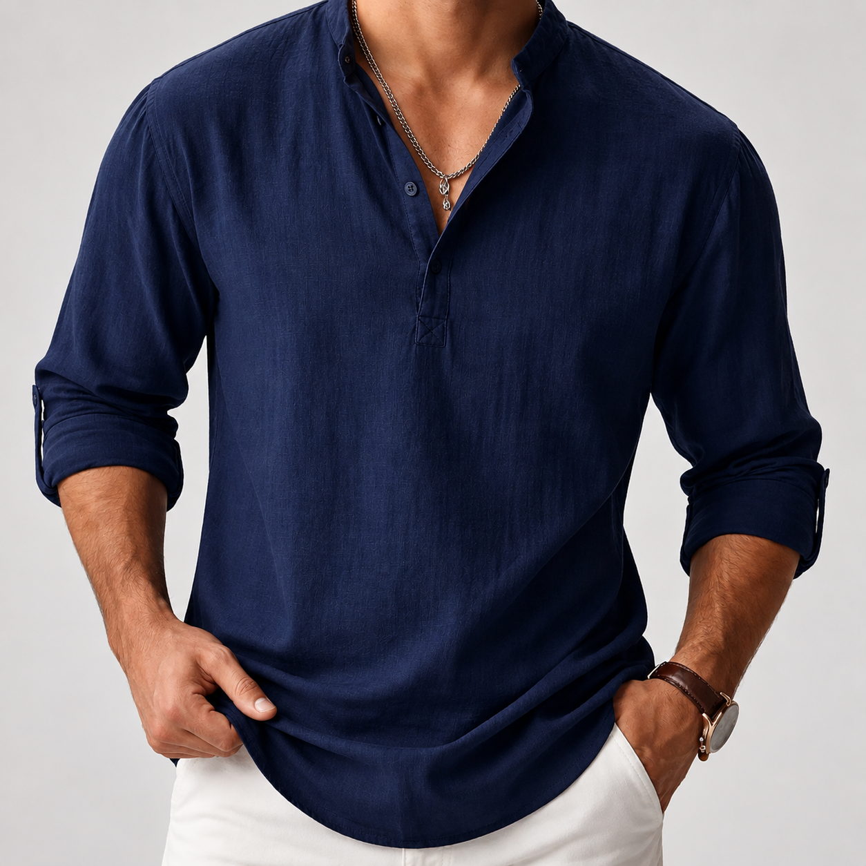 Men’s Stand Collar Half Button Linen Blend Long Sleeve Henley Shirt