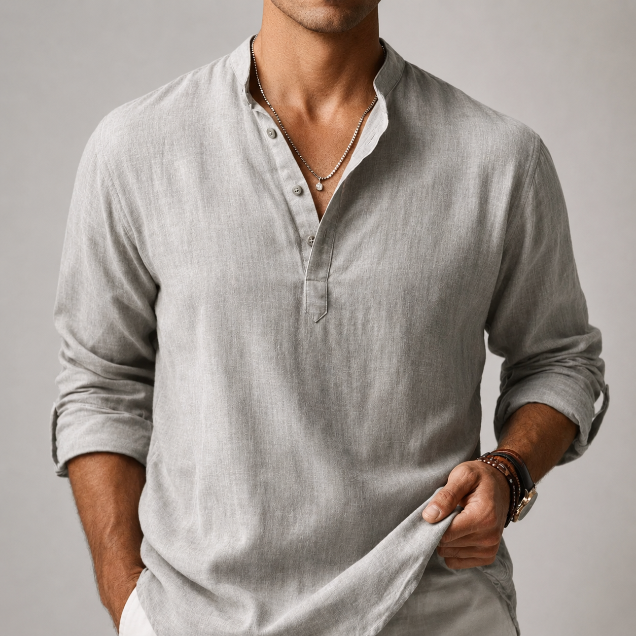 Men’s Stand Collar Half Button Linen Blend Long Sleeve Henley Shirt