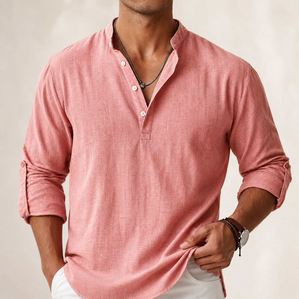 Men’s Stand Collar Half Button Linen Blend Long Sleeve Henley Shirt