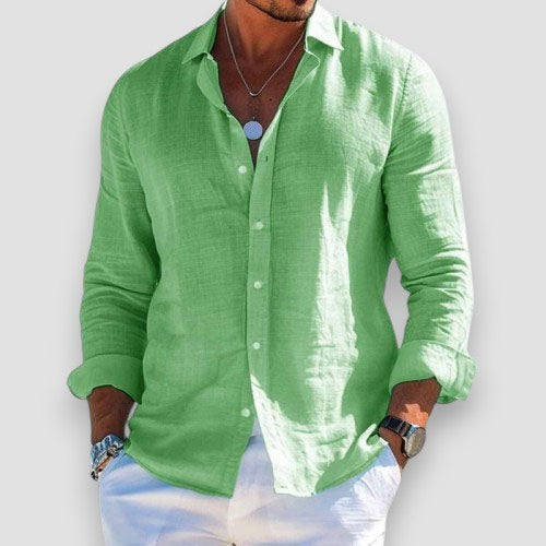 Men's Linen-Blend Button-Down Shirt - Casual Long Sleeve Top