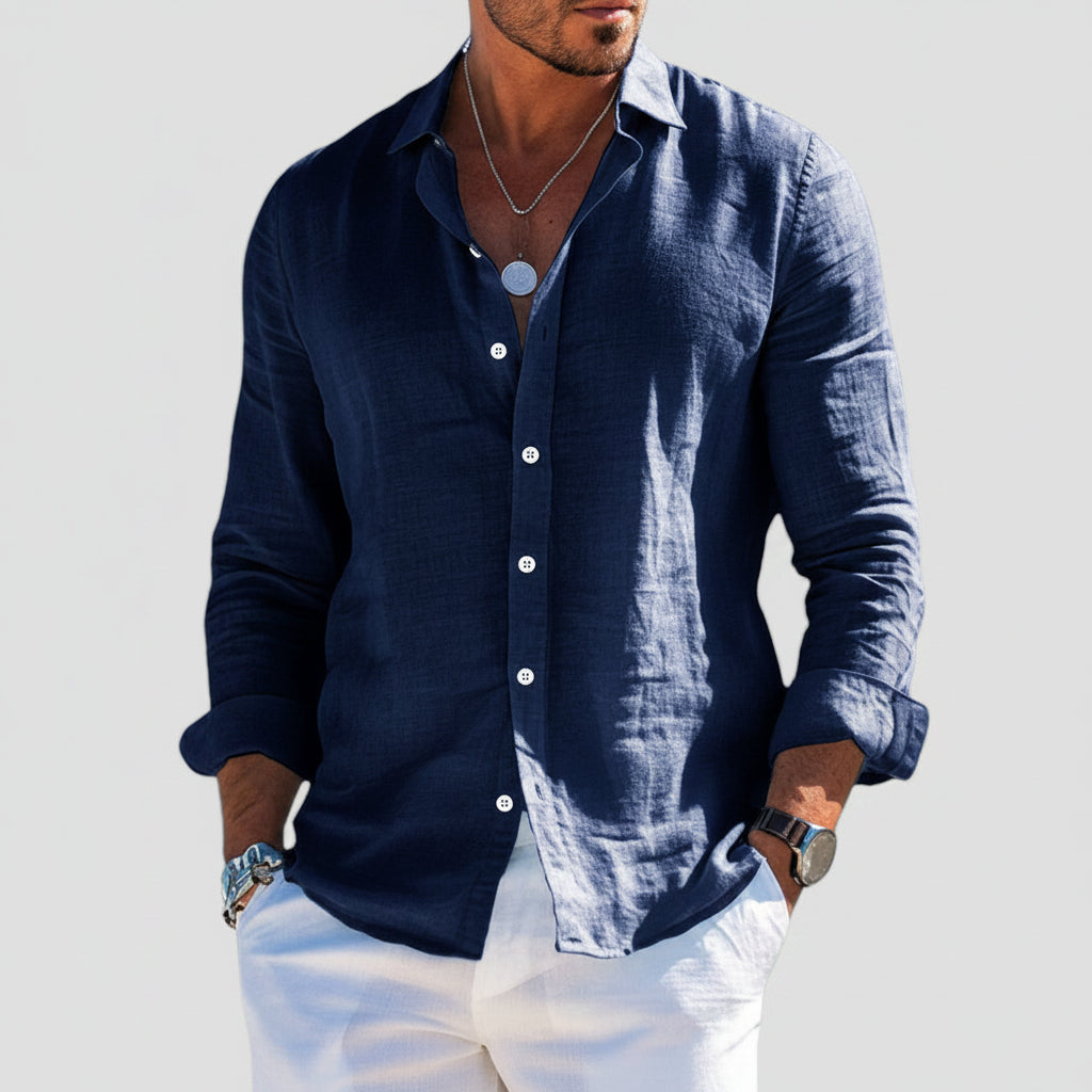 Men's Linen-Blend Button-Down Shirt - Casual Long Sleeve Top