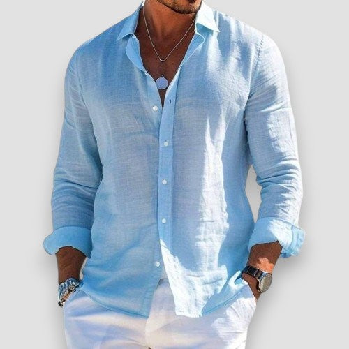 Men's Linen-Blend Button-Down Shirt - Casual Long Sleeve Top