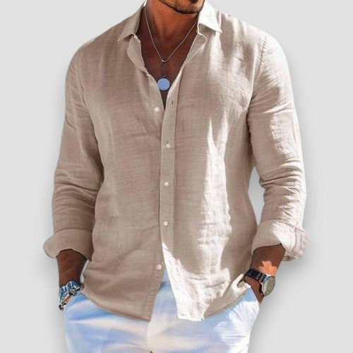 Men's Linen-Blend Button-Down Shirt - Casual Long Sleeve Top