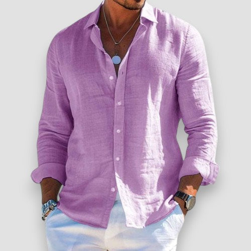 Men's Linen-Blend Button-Down Shirt - Casual Long Sleeve Top