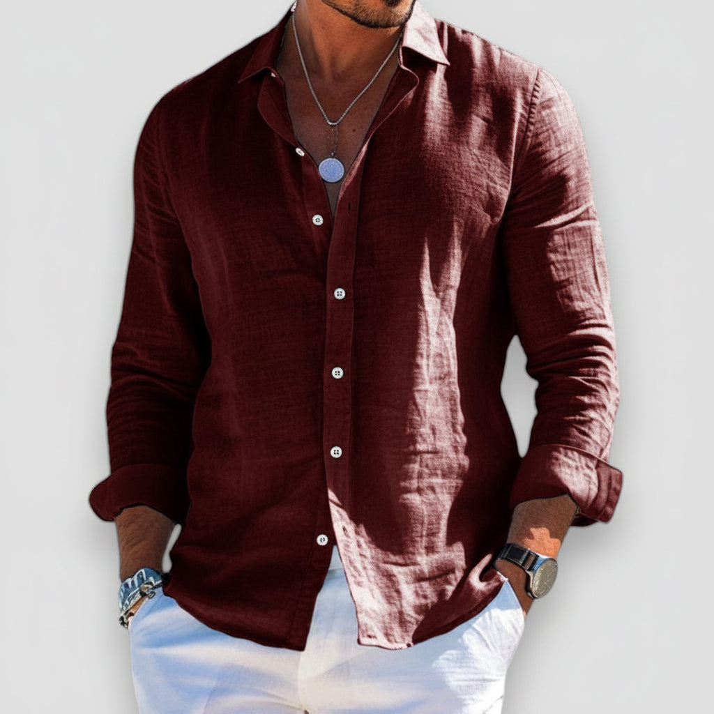 Men's Linen-Blend Button-Down Shirt - Casual Long Sleeve Top