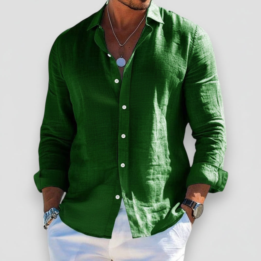 Men's Linen-Blend Button-Down Shirt - Casual Long Sleeve Top