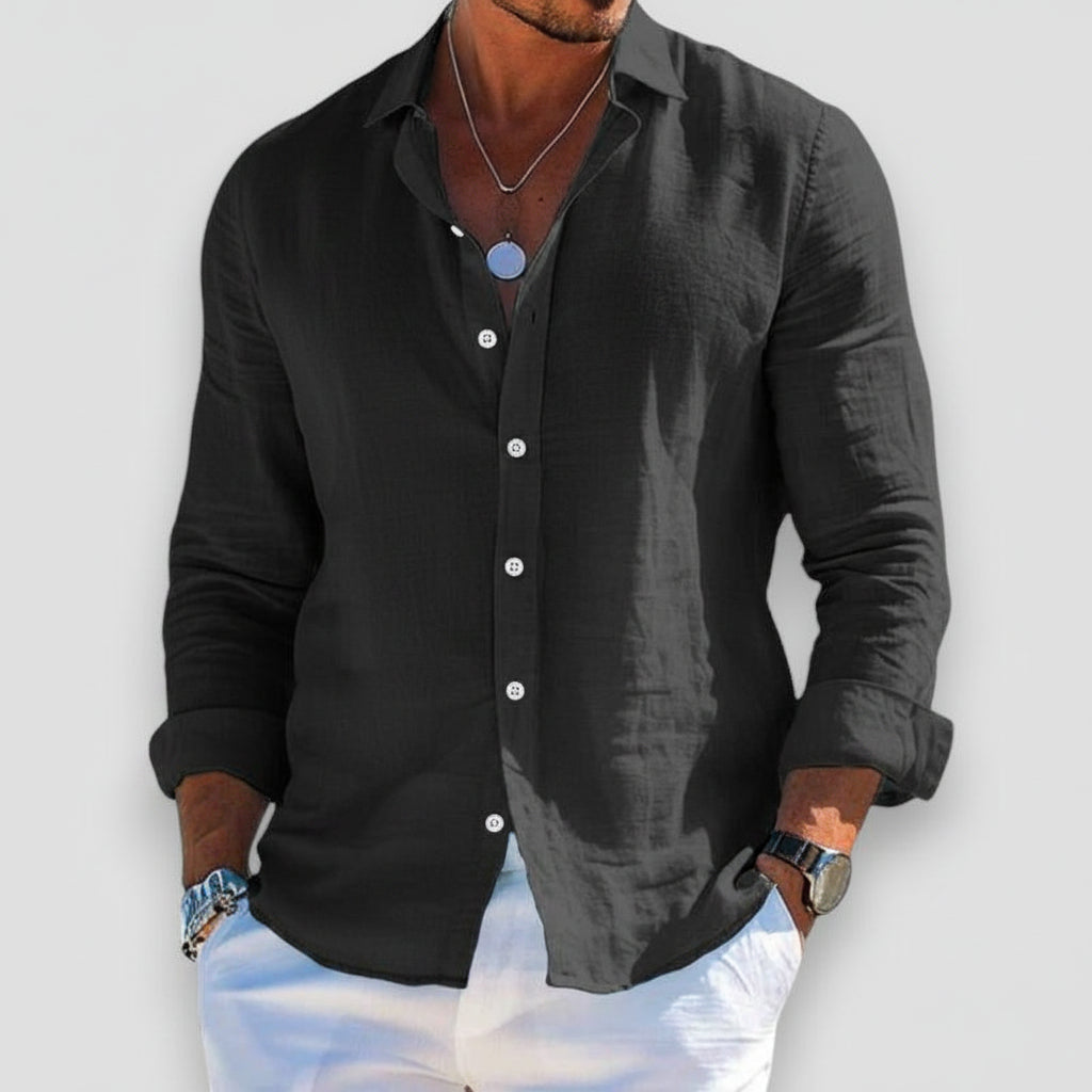 Men's Linen-Blend Button-Down Shirt - Casual Long Sleeve Top