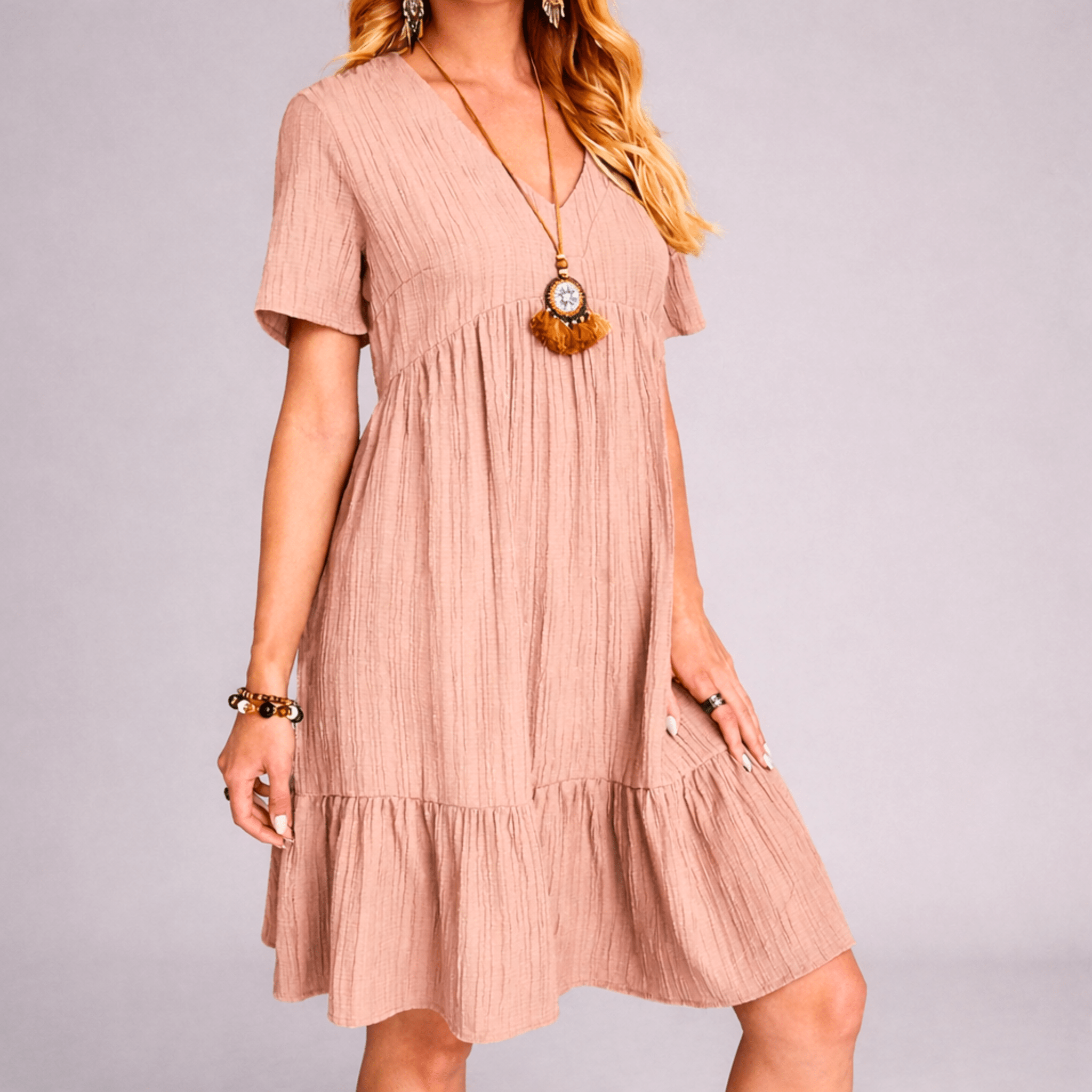 Women's V-Neck Tiered Ruffle Dress - Short Sleeve Crinkle Texture Mini Dress
