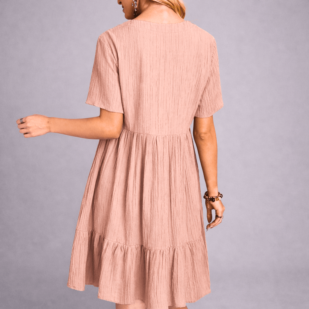 Women's V-Neck Tiered Ruffle Dress - Short Sleeve Crinkle Texture Mini Dress