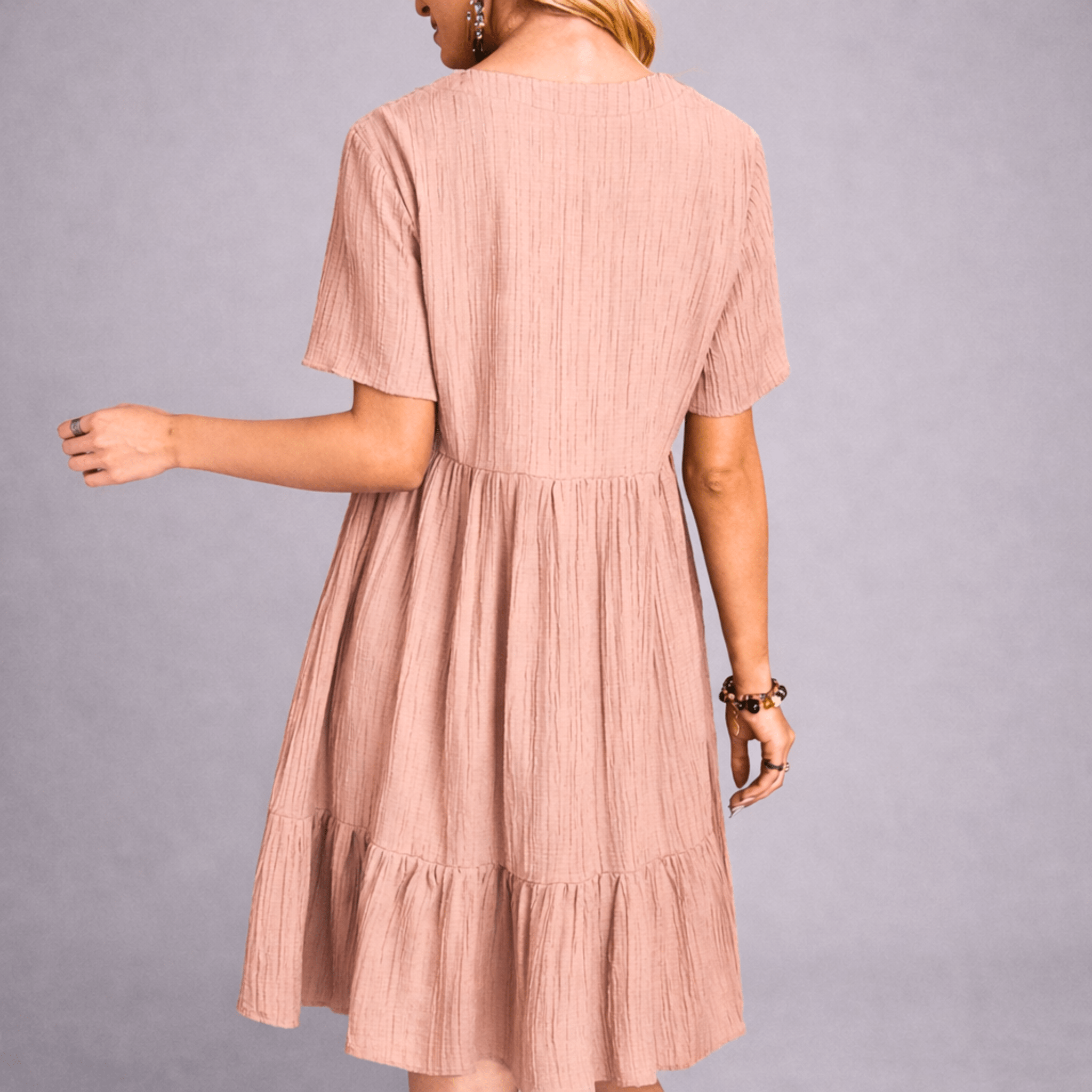 Women's V-Neck Tiered Ruffle Dress - Short Sleeve Crinkle Texture Mini Dress