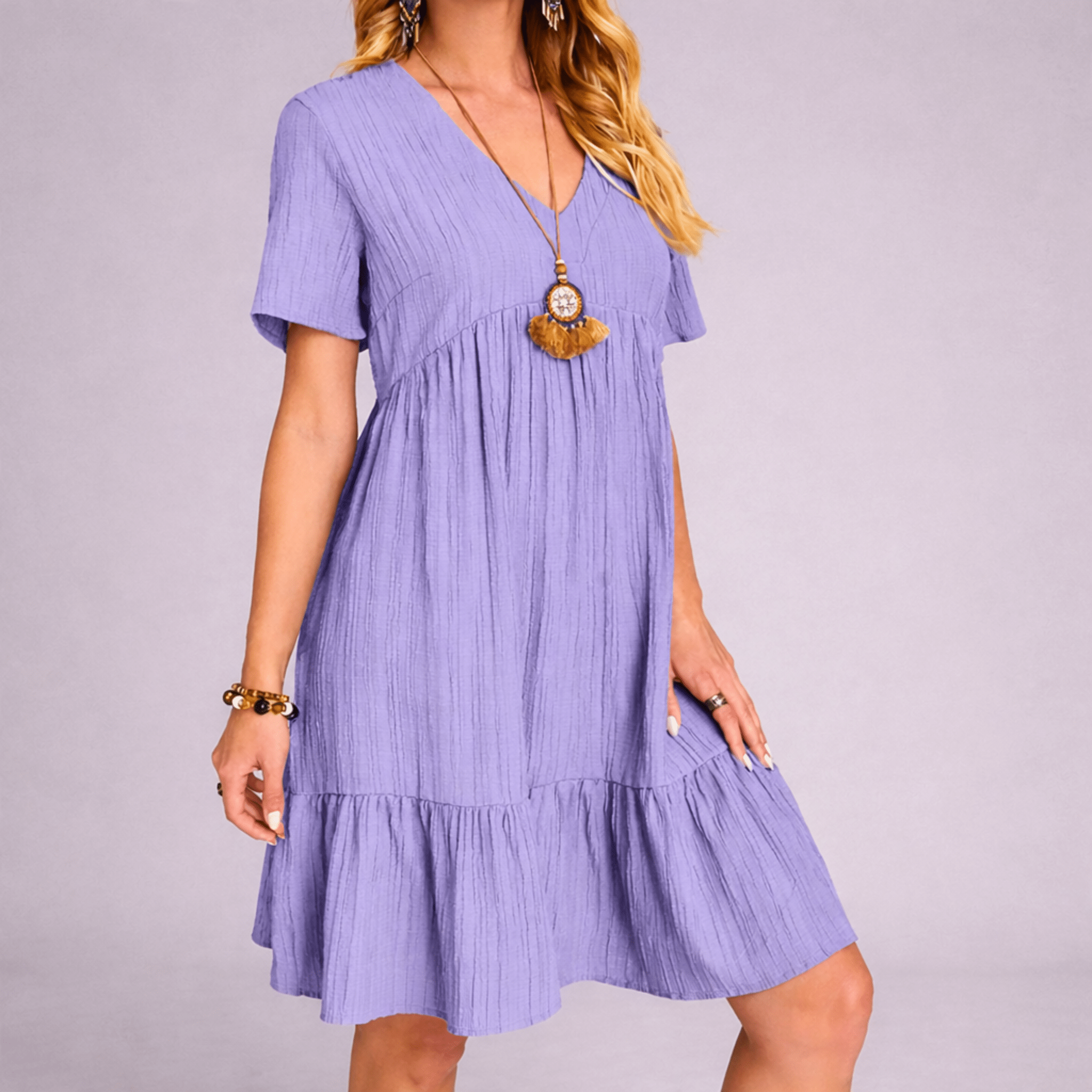 Women's V-Neck Tiered Ruffle Dress - Short Sleeve Crinkle Texture Mini Dress