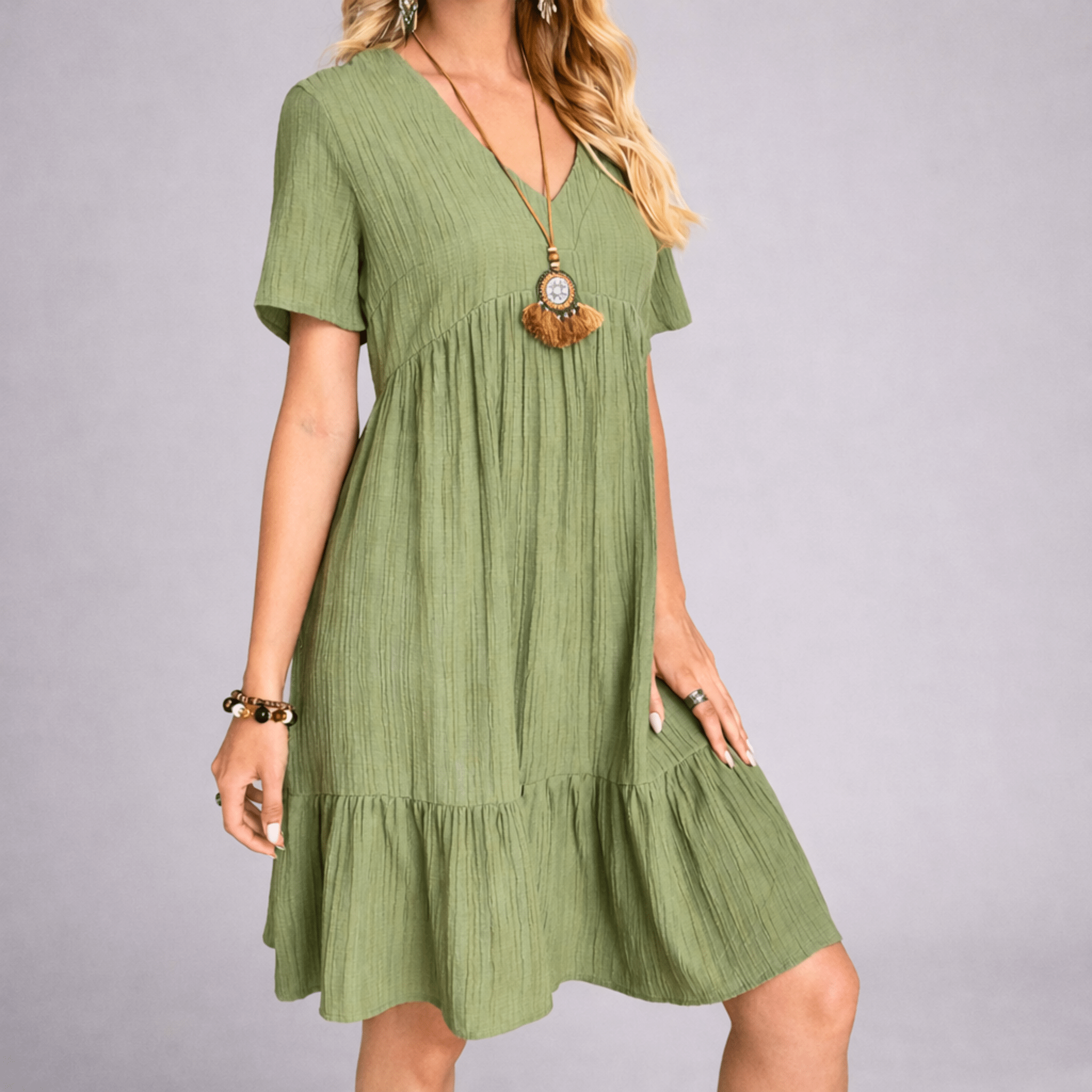 Women's V-Neck Tiered Ruffle Dress - Short Sleeve Crinkle Texture Mini Dress