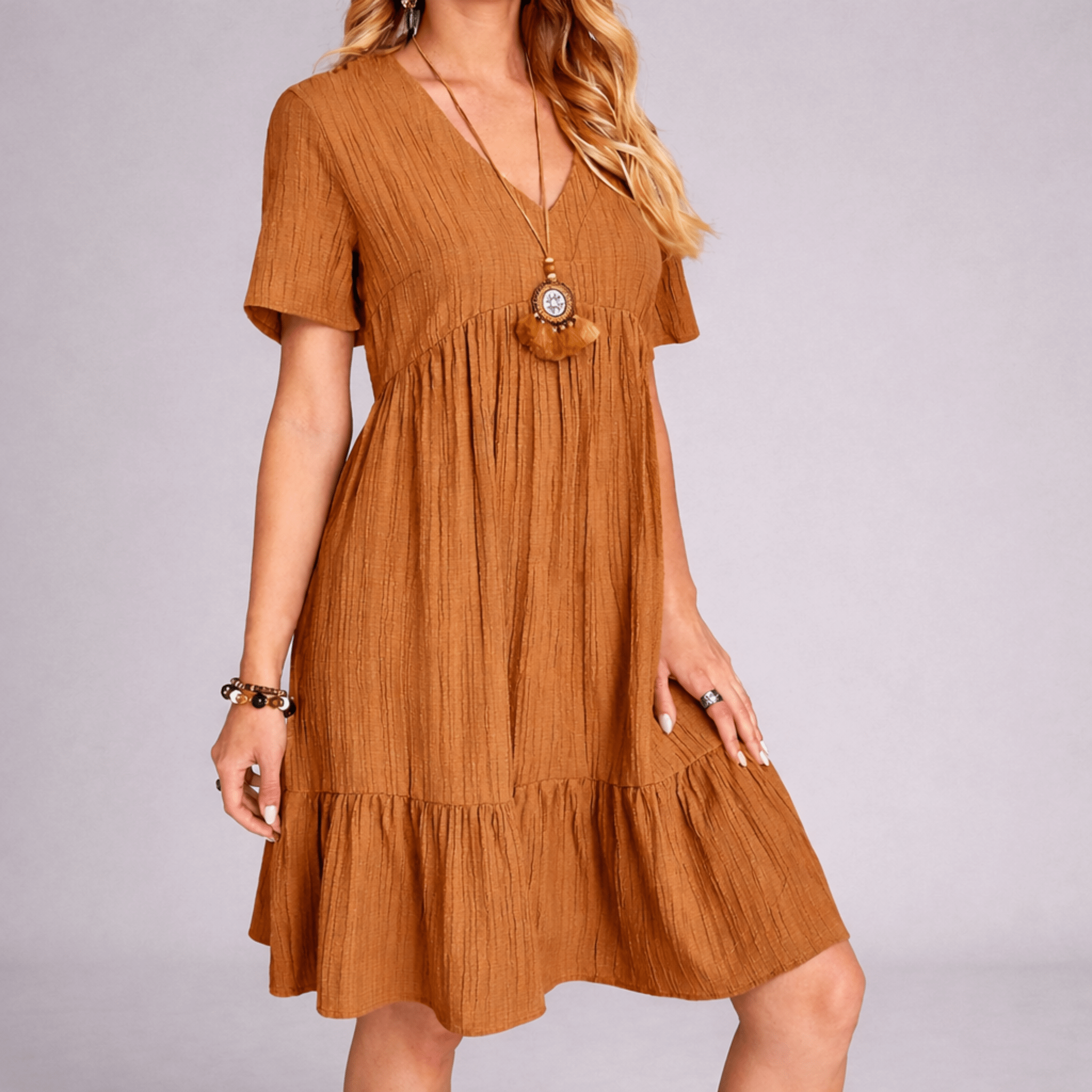 Women's V-Neck Tiered Ruffle Dress - Short Sleeve Crinkle Texture Mini Dress